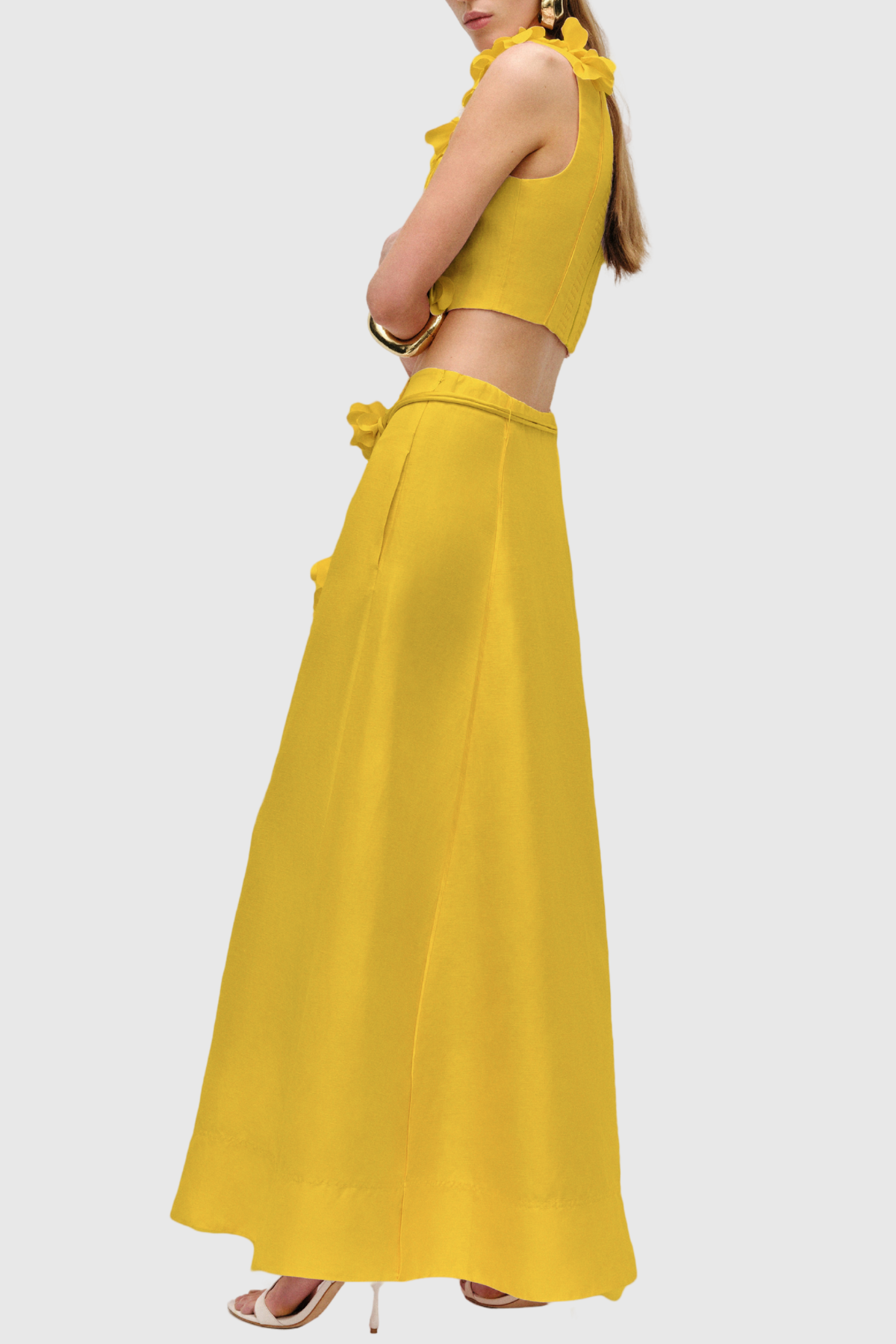 Nicao Floral Appliqué Top & Midi Skirt Set - Yellow
