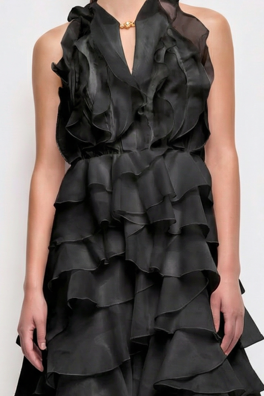 Nigella Halter Ruffle Maxi Dress - Black