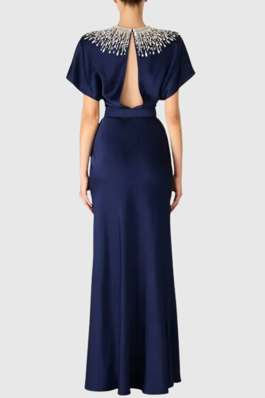 Nikola Sequin Embellished Satin Maxi Dress - Navy
