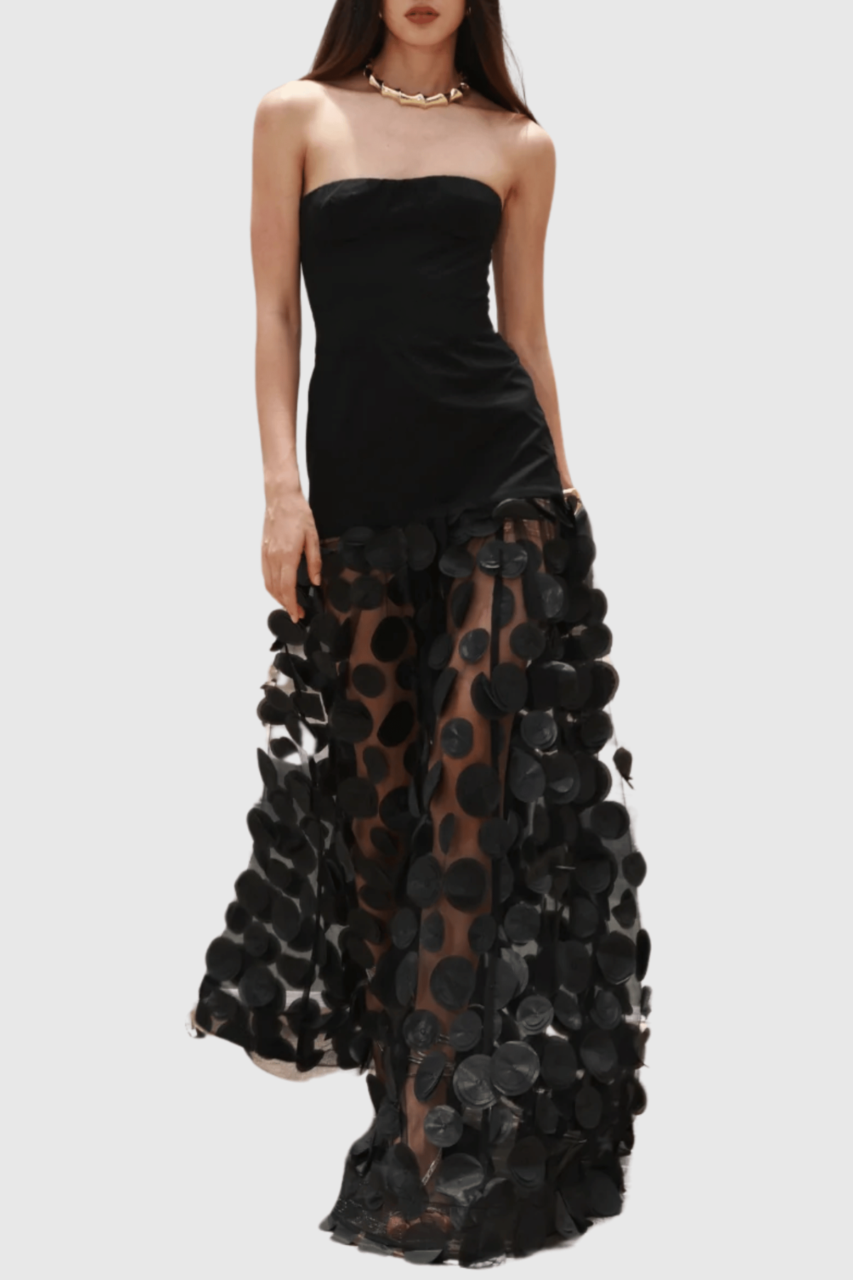 Nodin Strapless Dot Mesh Maxi Dress - Black