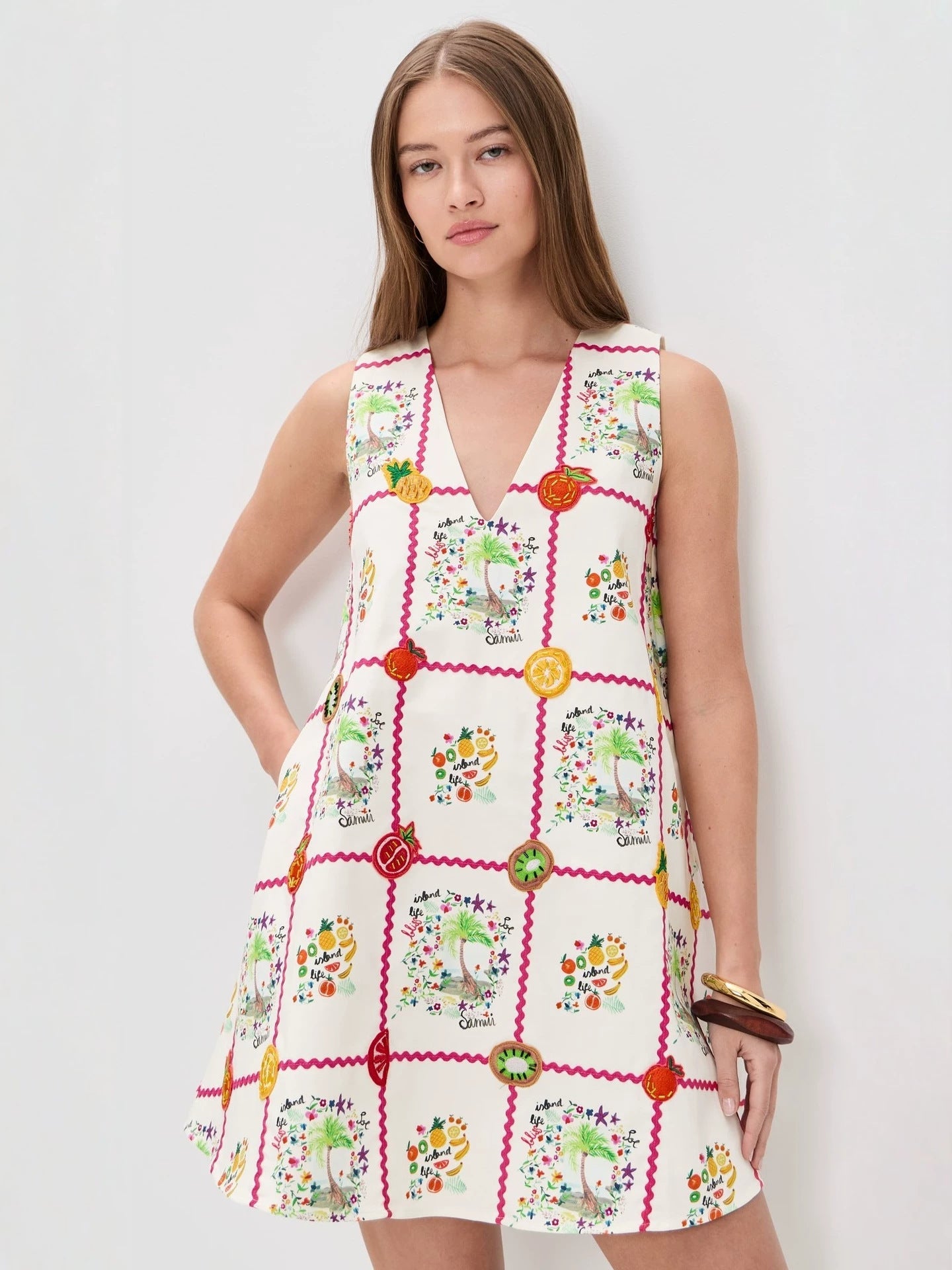 sleeveless V-neck digital print mini dress - white