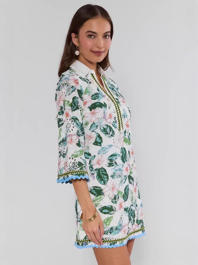 V-neck Lace Floral print mini Dress