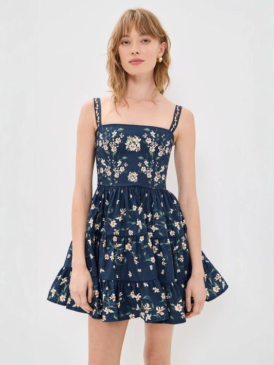 strapless backless floral print layered mini dress