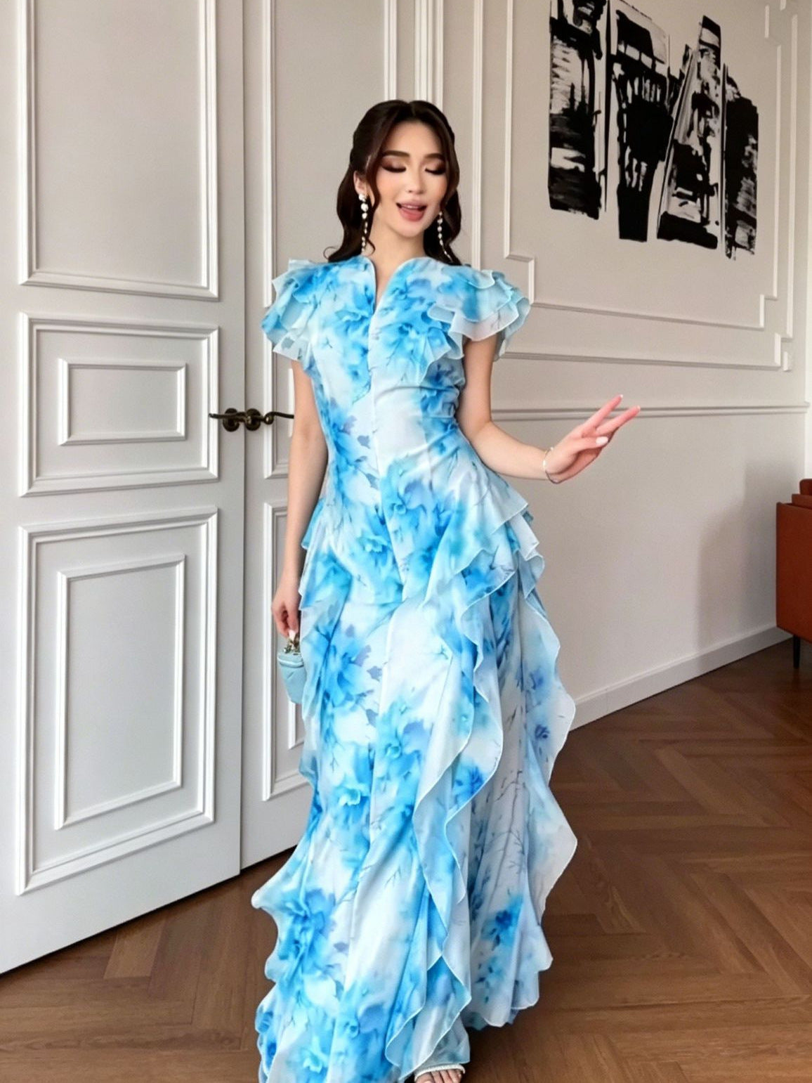 Floral print flutter sleeves fishtail maxi dress - Pink / Blue / Yellow
