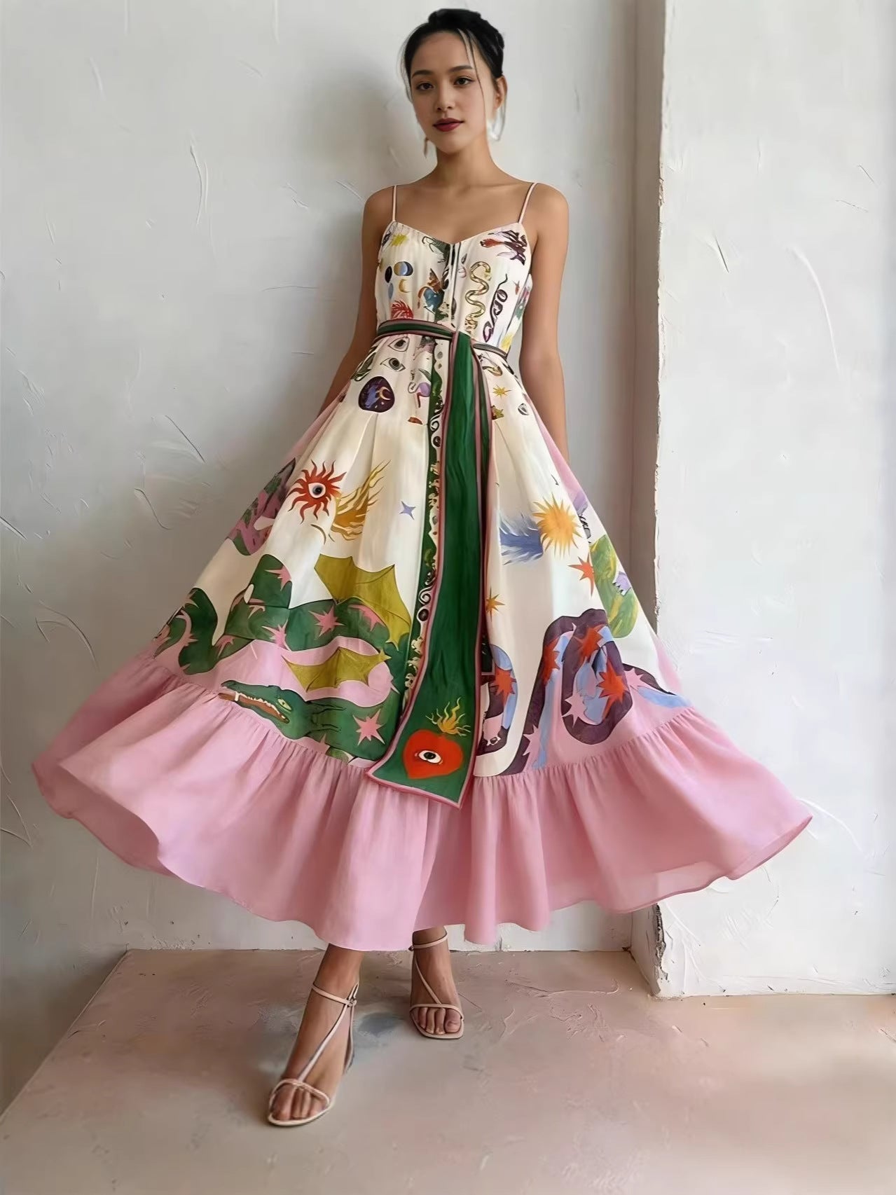 Printed camisole full-sweep maxi dress with ruffled
