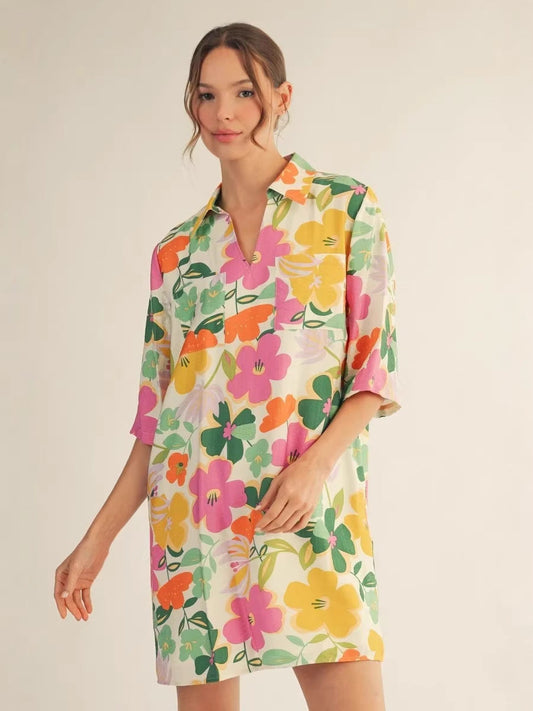 Floral Print Mid-Sleeve mini Dress