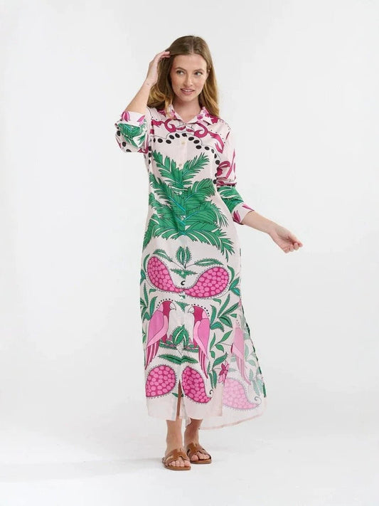 Parrot Palm Print Loose Shirt maxi Dress