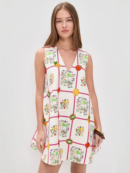 sleeveless V-neck digital print mini dress - white