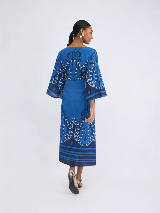 Printed Flare Sleeve midi dress - blue