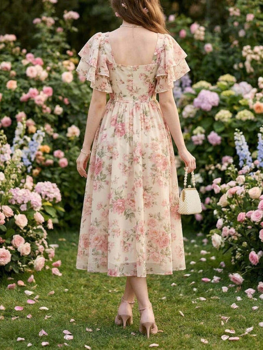 Square neck puff sleeve floral print midi dress
