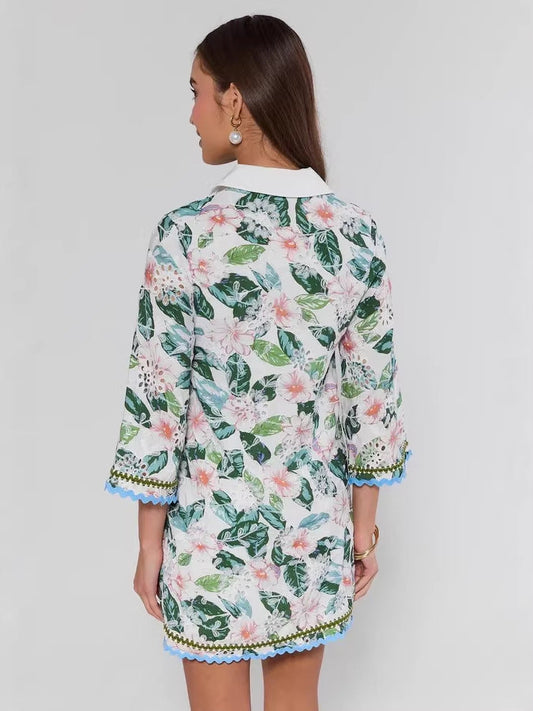 V-neck Lace Floral print mini Dress