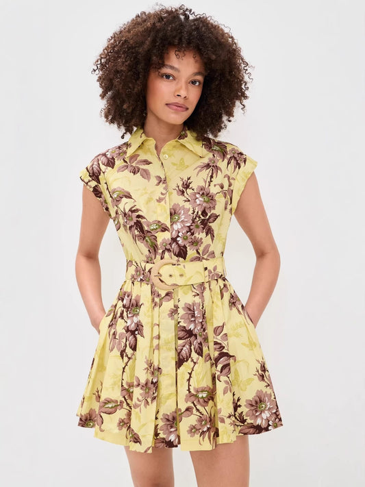 printed sleeveless A-line pleated mini dress - yellow