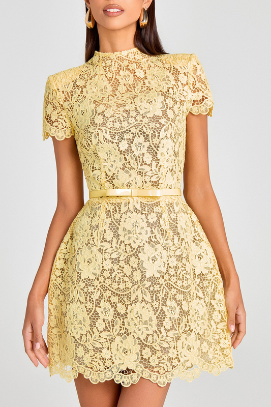 Oenai Floral Lace Belted Mini Dress