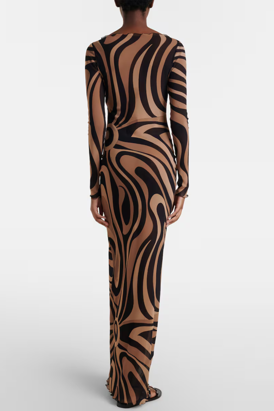 Oipley Swirl Mesh Maxi Dress - Brown