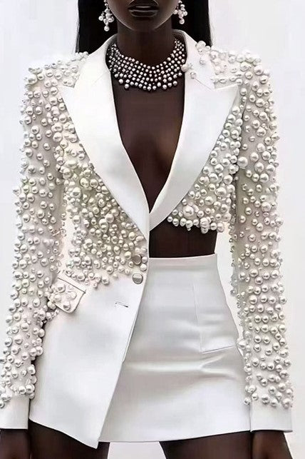 Olwa Asymmetrical Pearl Embellished Blazer & Skirt Set - White