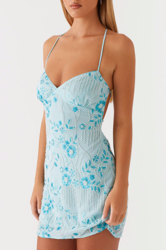 Ongus Floral Sequin Cami Mini Dress - Blue