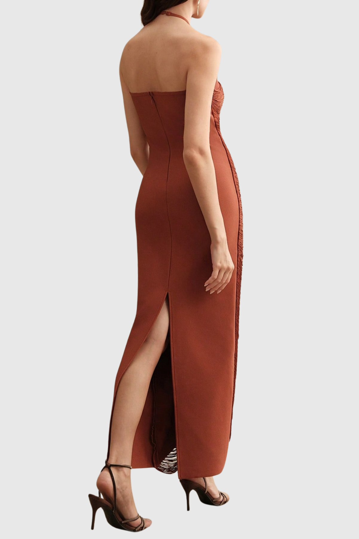 Oriana Halter Fringe Maxi Bandage Dress - Brown