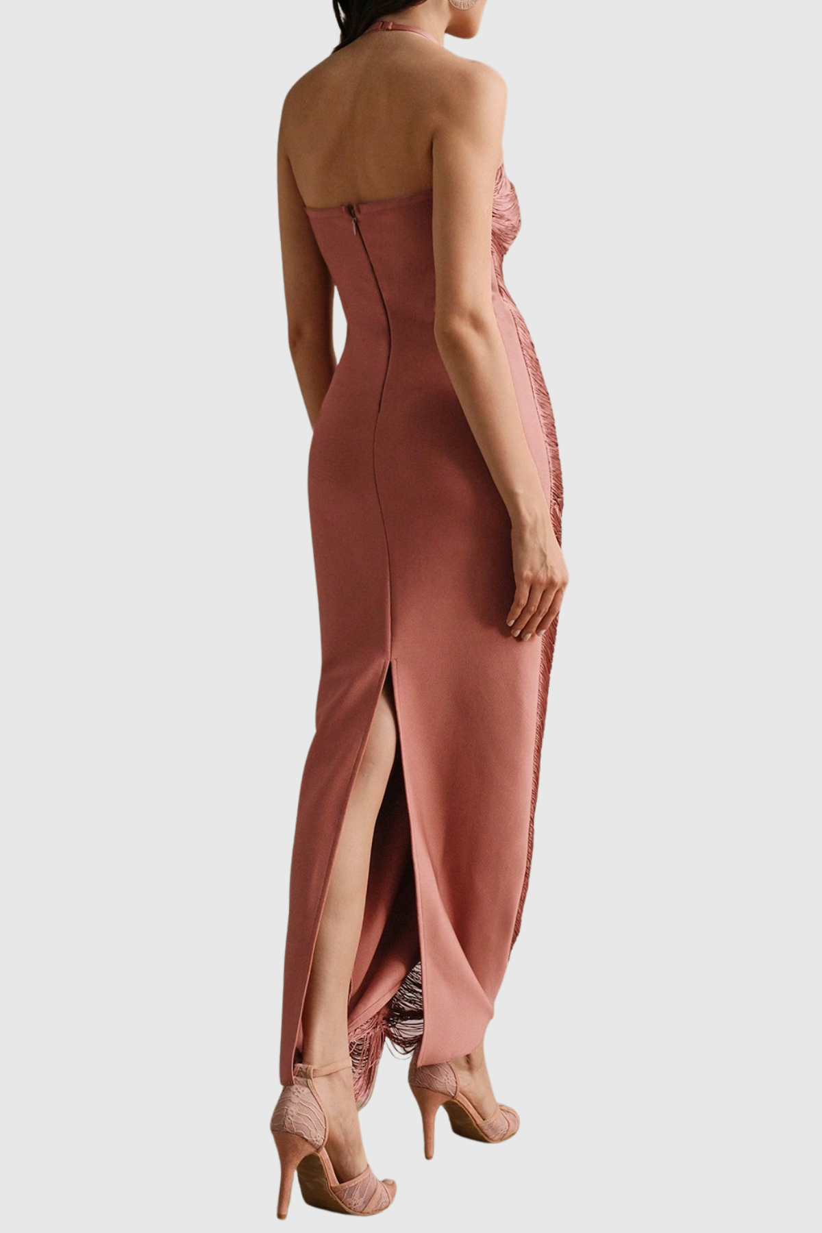 Oriana Halter Fringe Maxi Bandage Dress - Pink