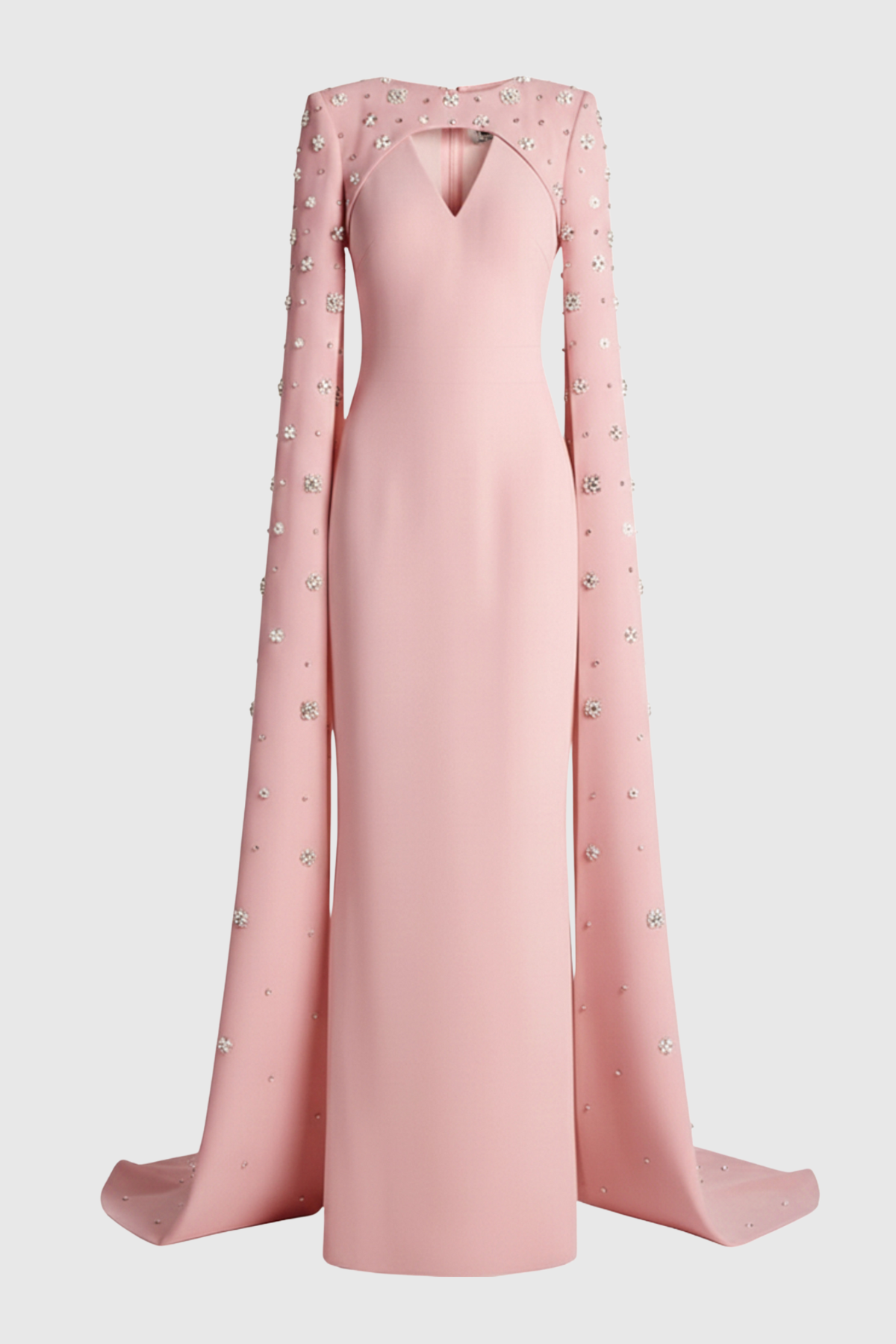 Oslo Crystal Embellished Heart Cutout Cape Sleeve Maxi Dress - Pink