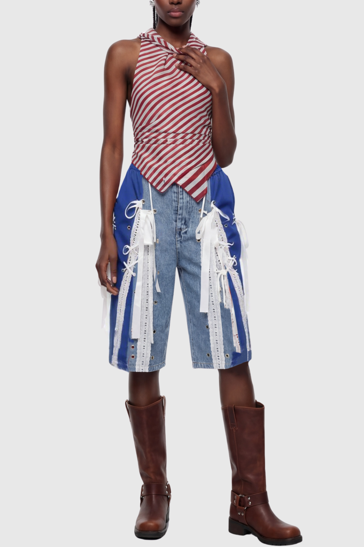 Ossie Bow Panel Midi Jeans - Blue