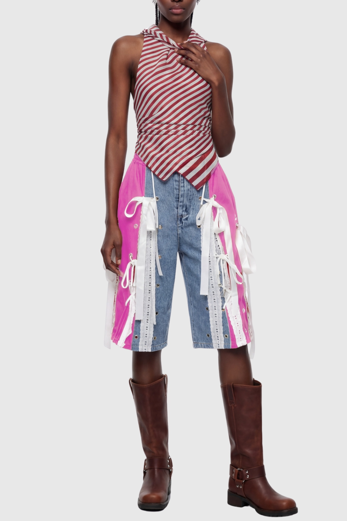 Ossie Bow Panel Midi Jeans - Pink