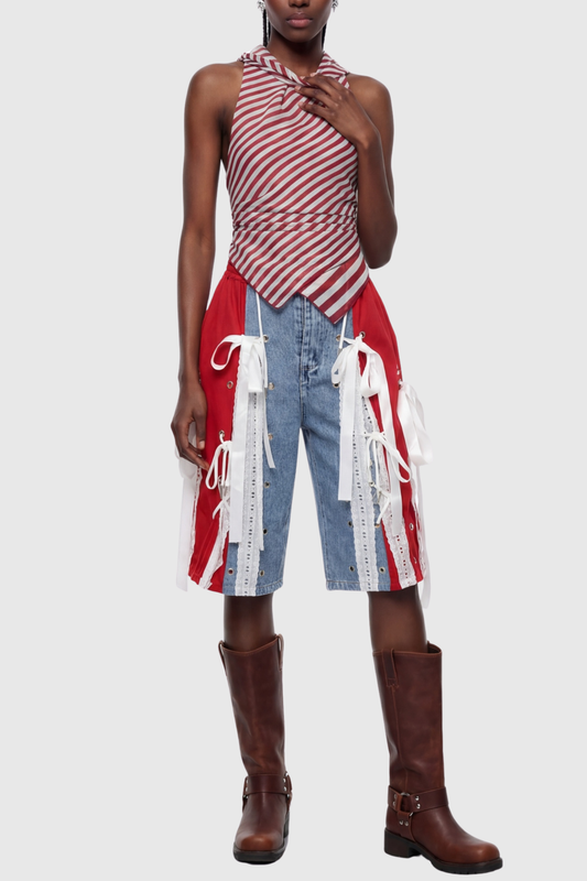 Ossie Bow Panel Midi Jeans - Red