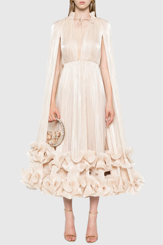 Othniel Cape Ruffle Midi Dress - Beige
