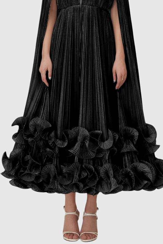 Othniel Cape Ruffle Midi Dress - Black