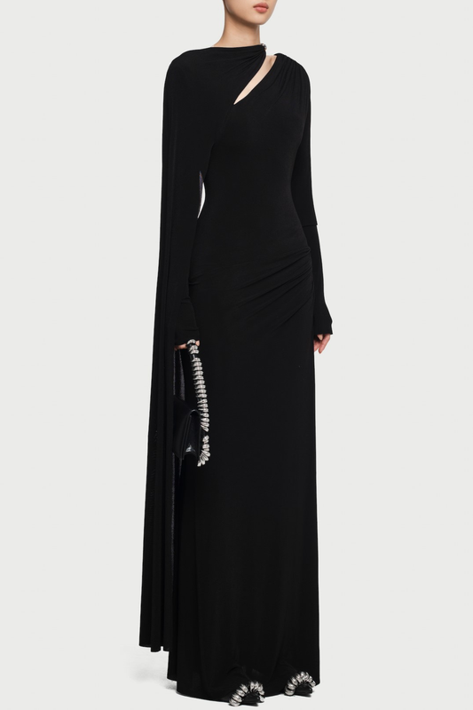 Ozzie Asymmetrical Cape-sleeve Cutout Maxi Dress - Black