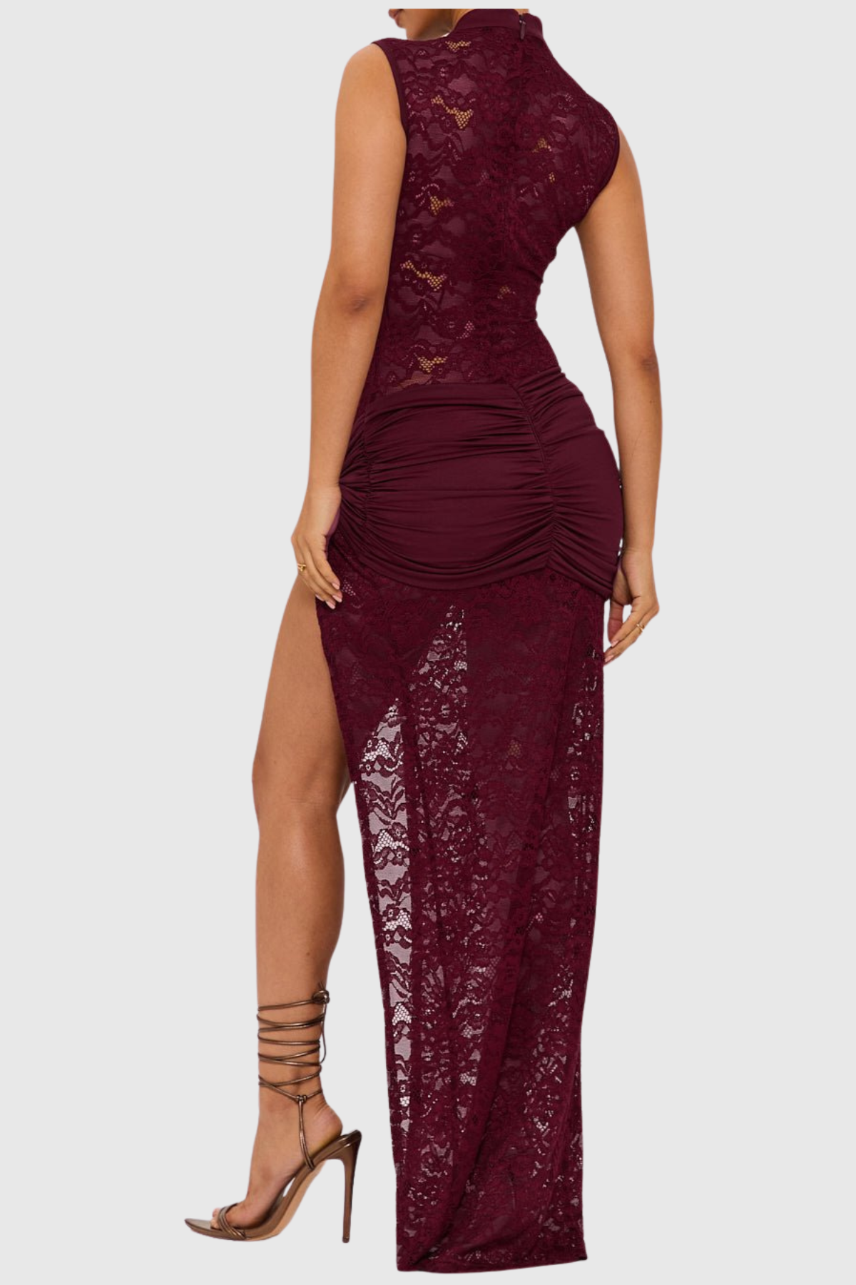 Pakana Lace Cutout Split Maxi Dress - Wine