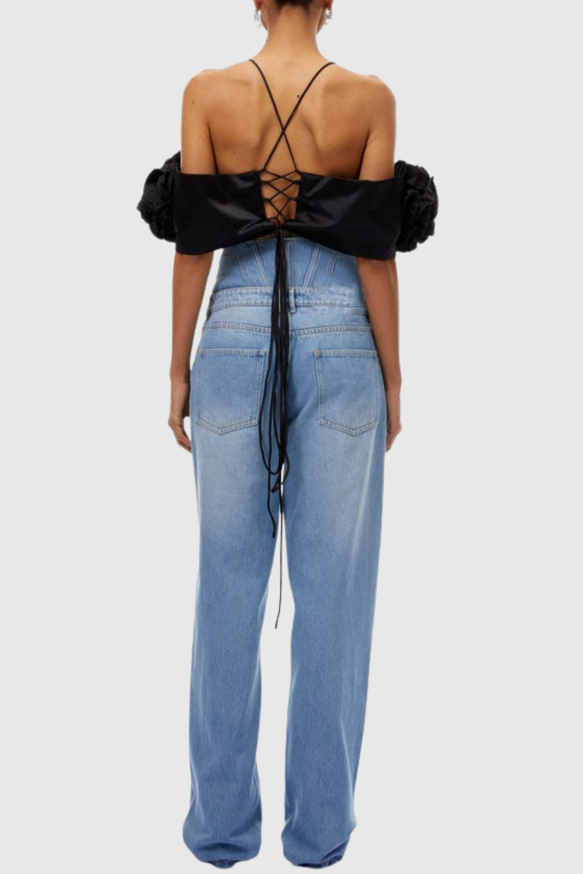 Phebe Floral Appliqué Cropped Top - Black