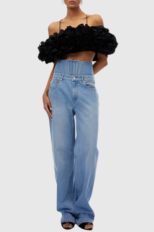 Phebe Floral Appliqué Cropped Top - Black