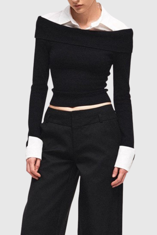 Quentia Off Shoulder Knit Shirt - Black