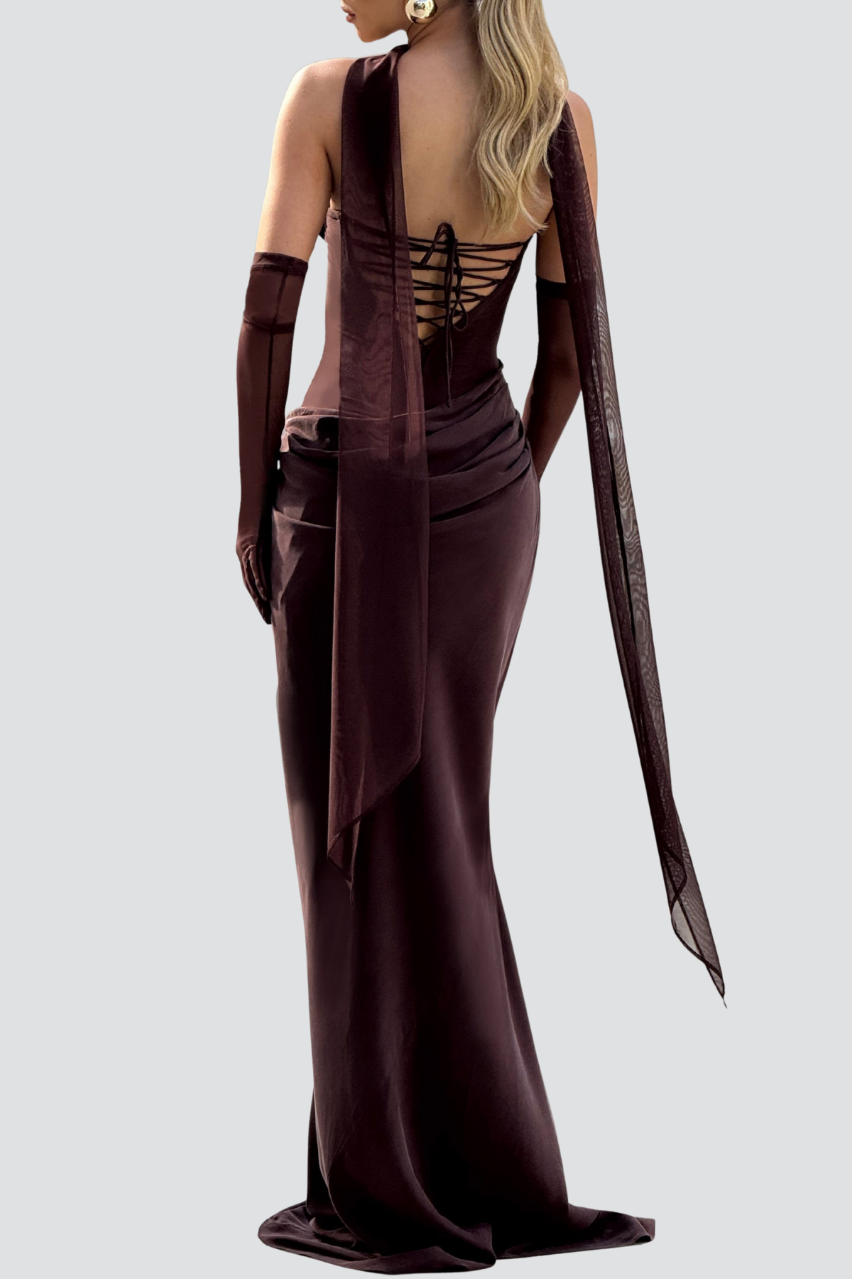 Radana Strapless Corset Satin Maxi Dress - Brown