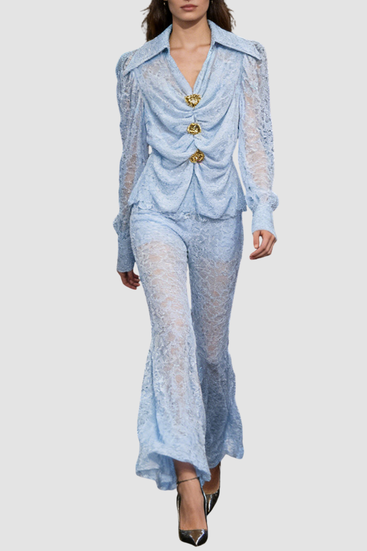 Raphe Lace Metal Button Shirt & Pants Set - Blue