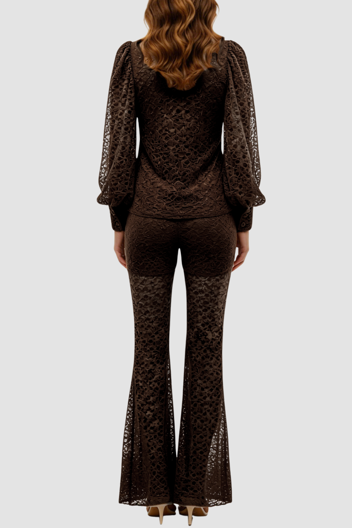 Raphe Lace Metal Button Shirt & Pants Set - Brown