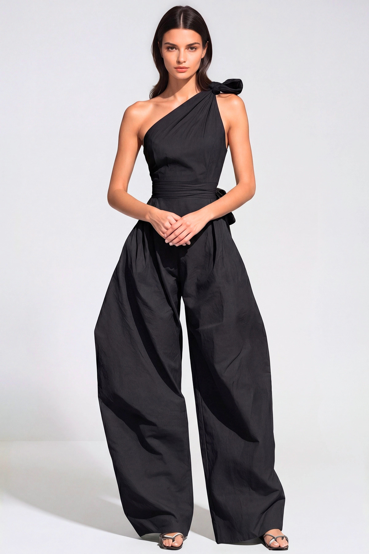 Rashana One Shoulder Twist Baggy Jumpsuit - Black