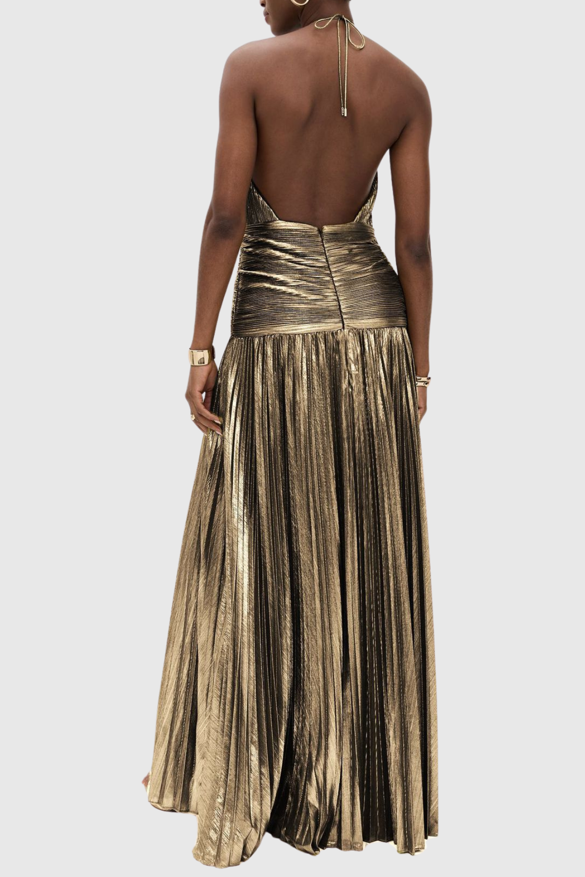 Reinel Halter Metallic Pleated Maxi Dress - Brown
