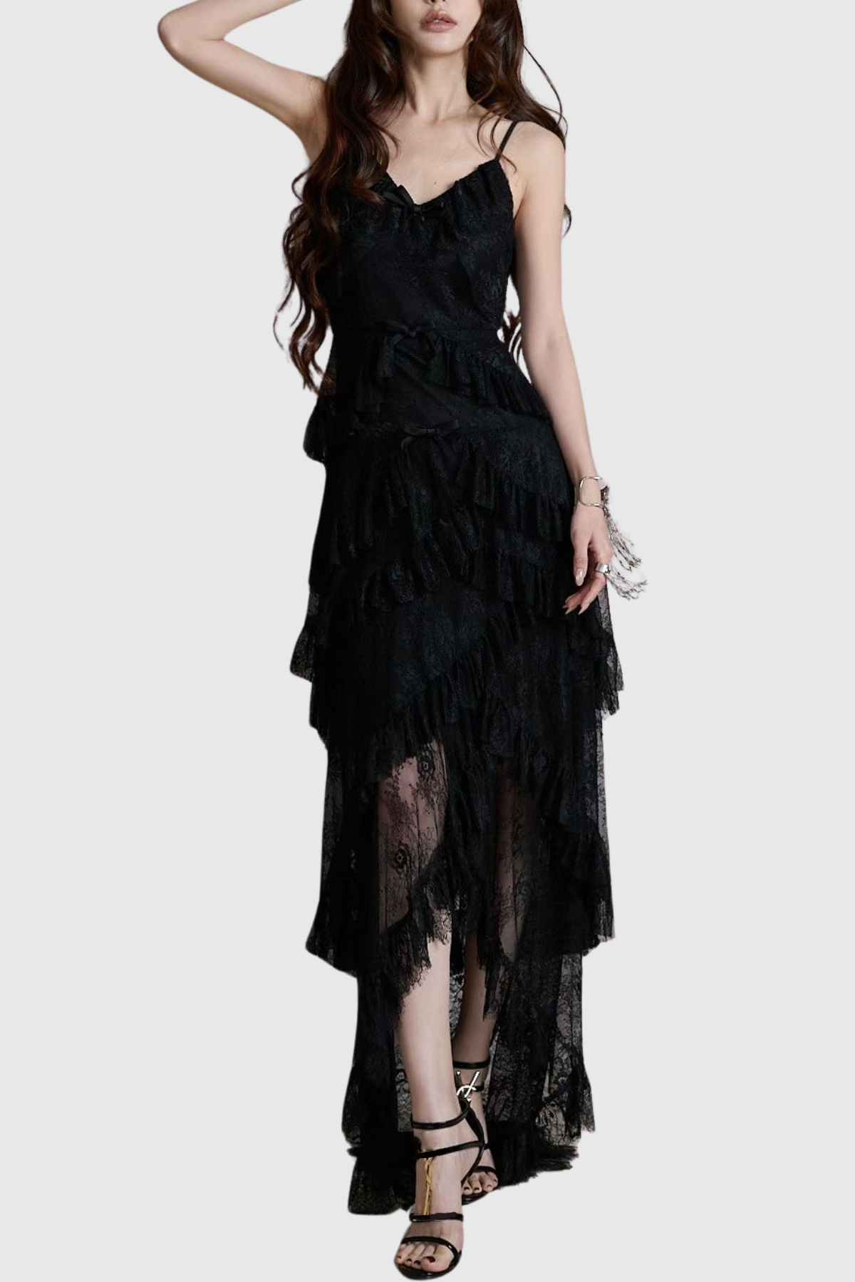 Remaoa Bow Lace Ruffle Maxi Dress - Black