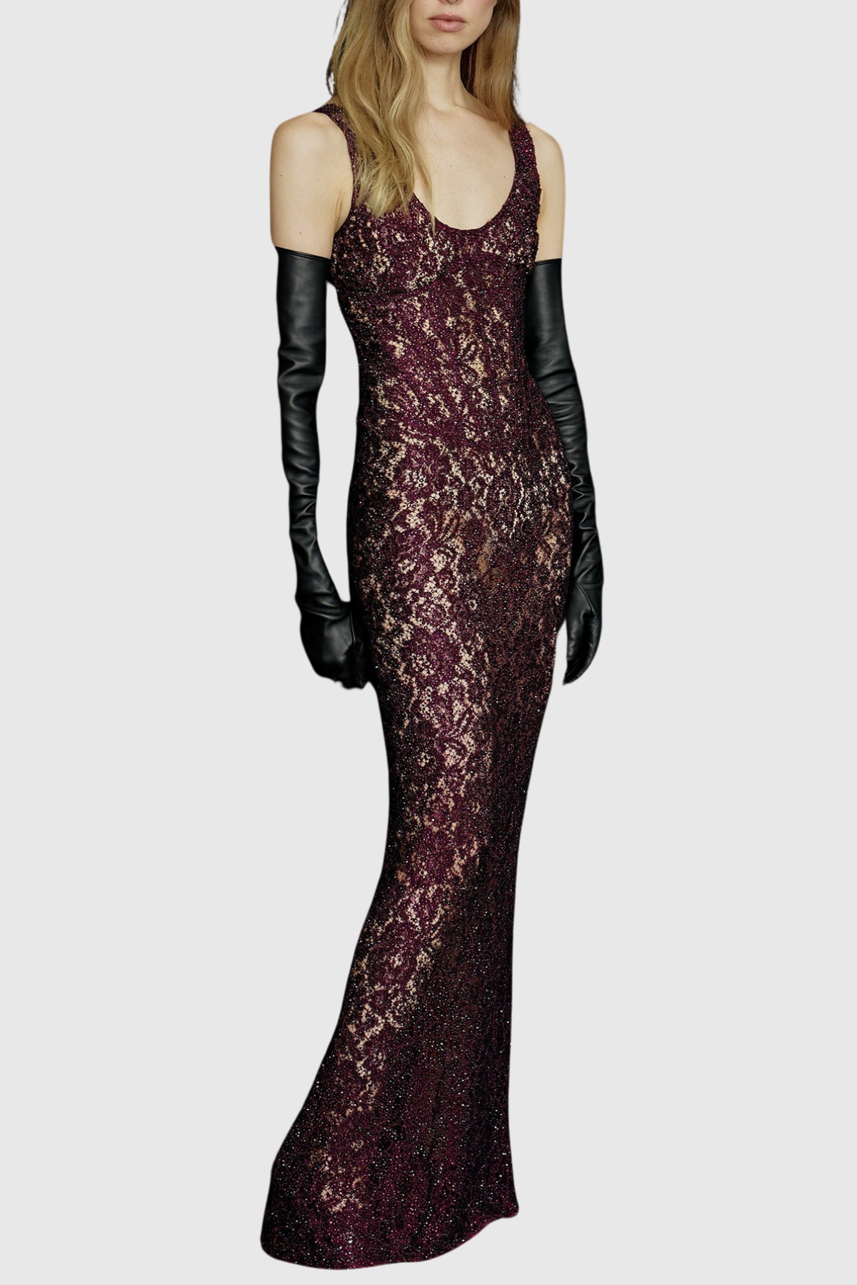 Rozao Crystal Embellished Lace Corset Maxi Dress - Purple