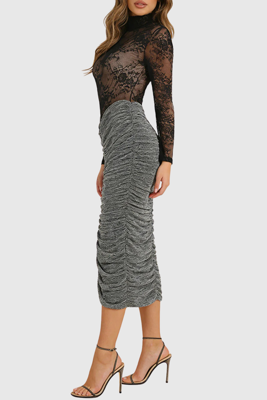 Ruela Lace Ruched Glitter Midi Dress - Black