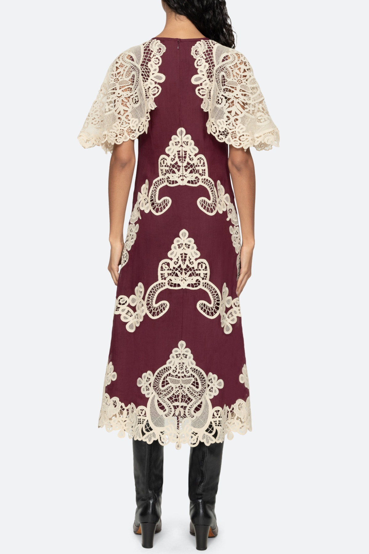 Ruio Cochet Shawl Lace Midi Dress - Wine