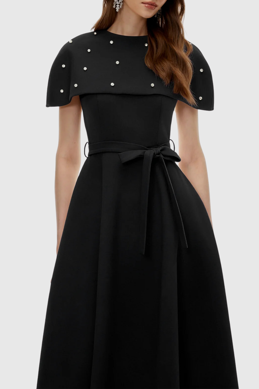 Runela Crystal Embellished Cape Midi Dress - Black
