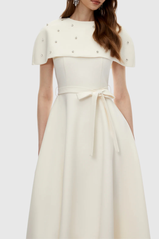 Runela Crystal Embellished Cape Midi Dress - White