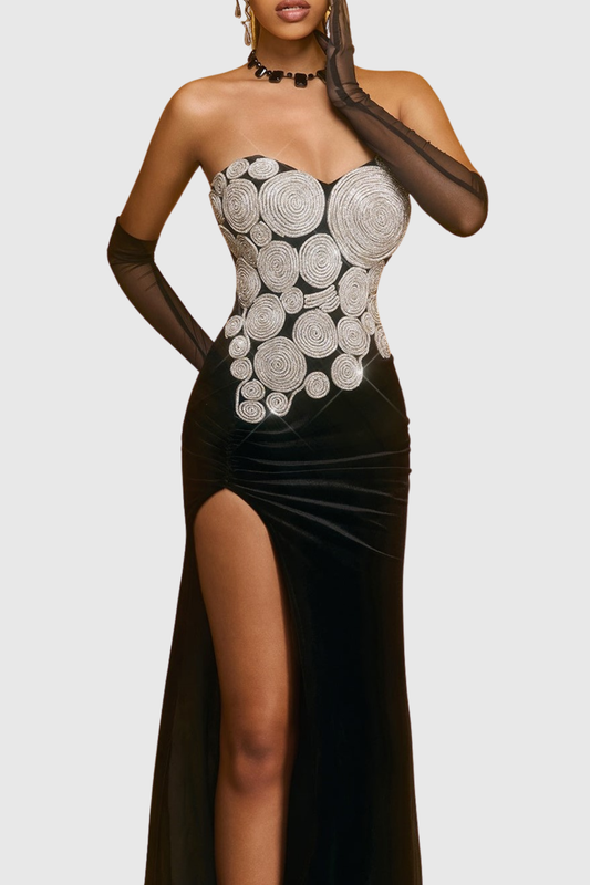 Russe Crystal Strapless Velvet Split Maxi Dress