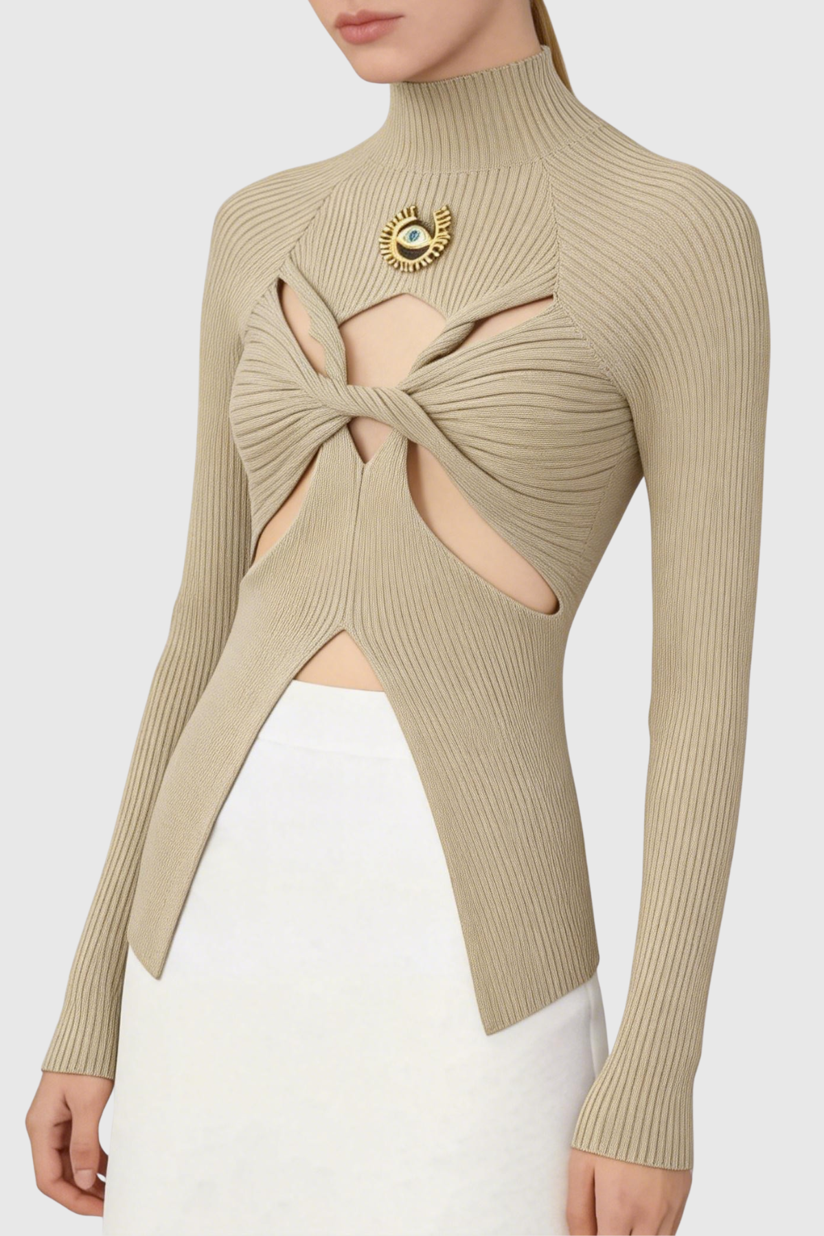 Sabira Twist Cutout Knit Top - Khaki
