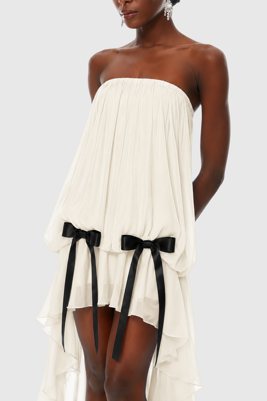 Sadhia Strapless Bow Glossy Midi Dress - Beige
