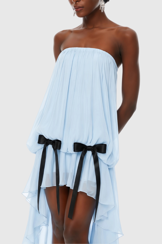 Sadhia Strapless Bow Glossy Midi Dress - Blue