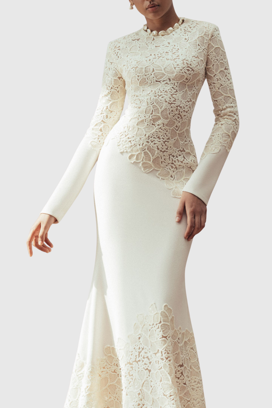 Safra Lace Sequin Satin Maxi Dress - White