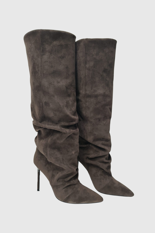 Sailor Suede Ruched Knee High Boots - Brown
